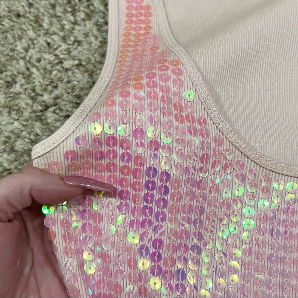 Vintage Y2K 2000s mcbling express pastel baby pink iridescent sequins tank top - Picture 4 of 8